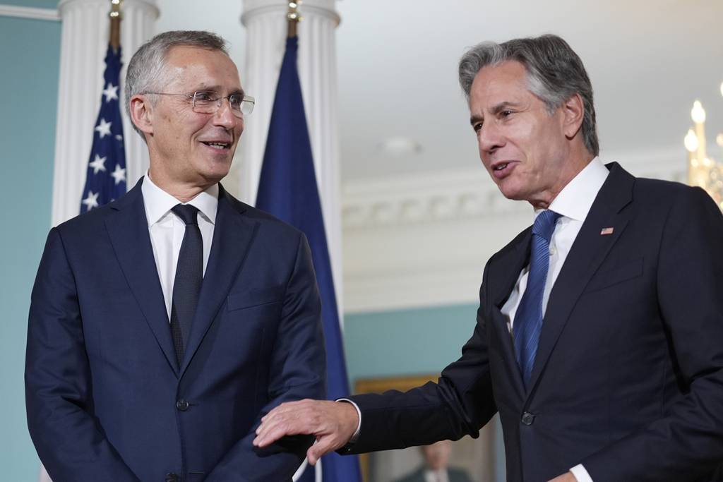 The NATO and Ukrainian flag are pictured in Vilnius, Lithuania on July 9, 2023, a few days ahead of a July 11-12 NATO Summit.