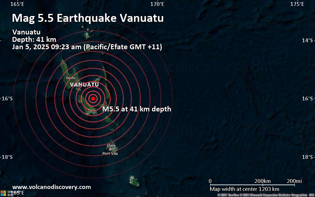 تم الإبلاغ عن زلزال كبير بقوة 5.5 درجة على بعد 79 كم جنوب شرق سانتو، فانواتو