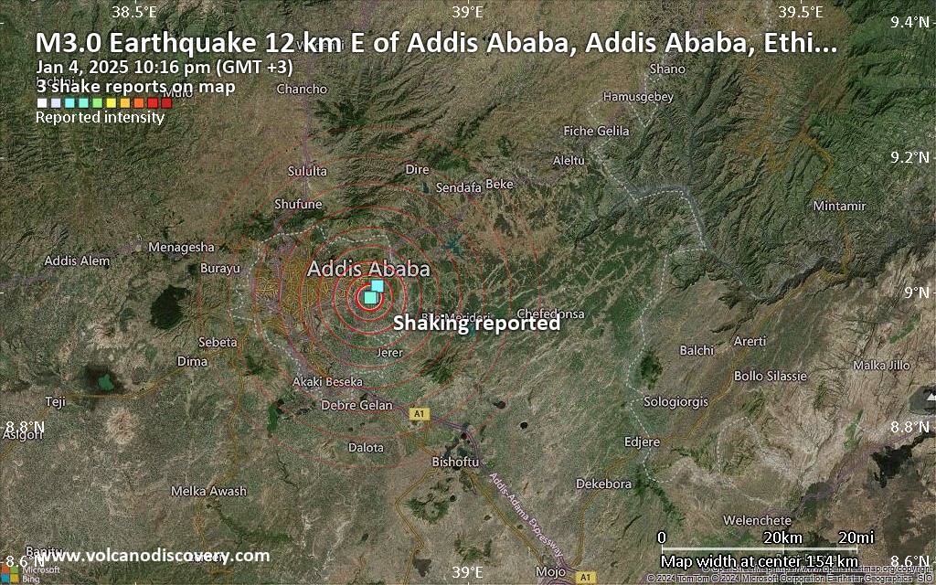 حدث شبيه بالزلزال، زلزال محتمل، تم الإبلاغ عنه منذ دقائق قليلة بالقرب من أديس أبابا، أديس أبابا، إثيوبيا