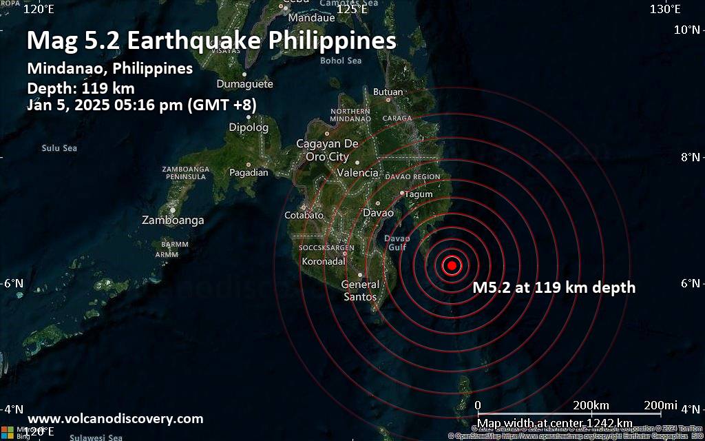 زلزال متوسط ​​ولكن عميق بقوة 5.2 درجة على بعد 85 كم جنوب شرق ماتي، الفلبين