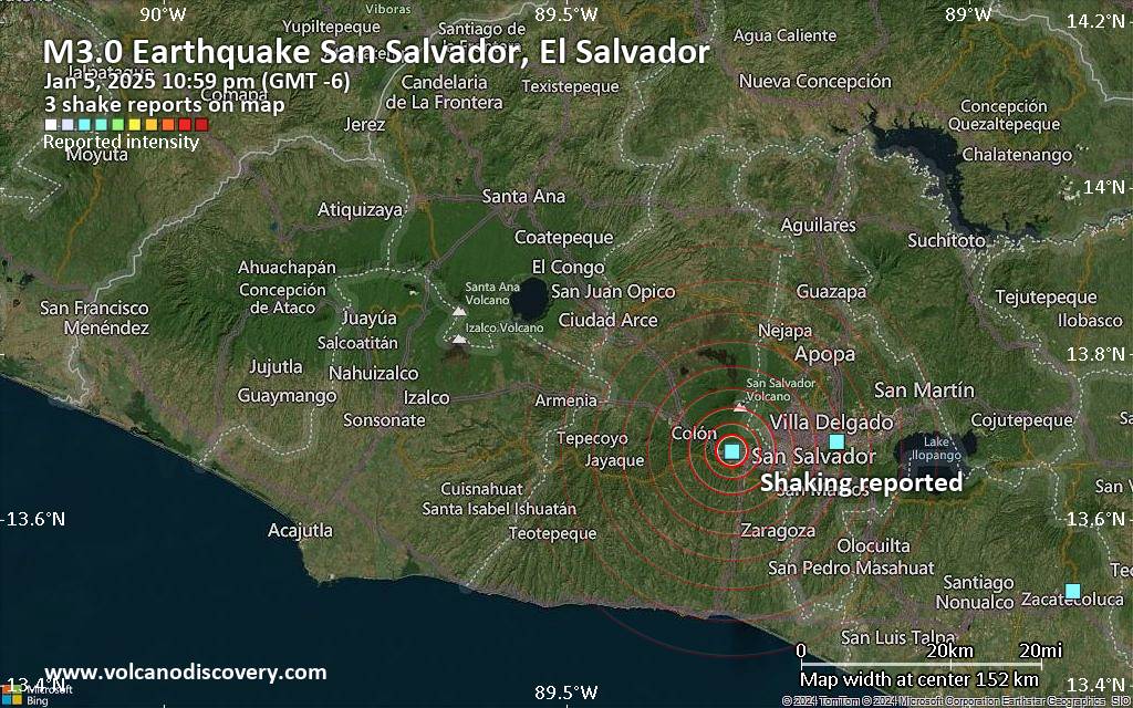 حدث شبيه بالزلزال، زلزال محتمل، تم الإبلاغ عنه منذ دقائق قليلة بالقرب من سان سلفادور، سان سلفادور، السلفادور
