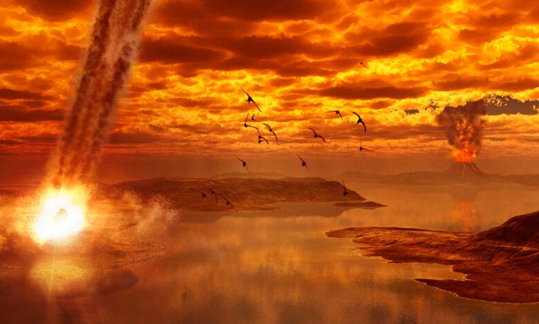 An illustration of a blazing asteroid impact to the left of the image with volcanoes in the distance and large birds flying under a red, ashy sky.