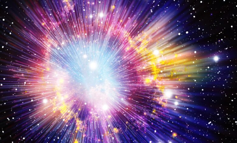 An illustration of the Big Bang, with purple, blue and yellow colors spread out from a white glowing light with straight rays coming out in all directions, all over a starry black background.