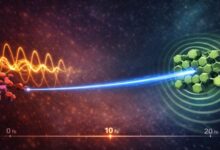 An illustration showing a green hexagonal molecule on the right connects with a series of glowing waves on the left with a bright blue line