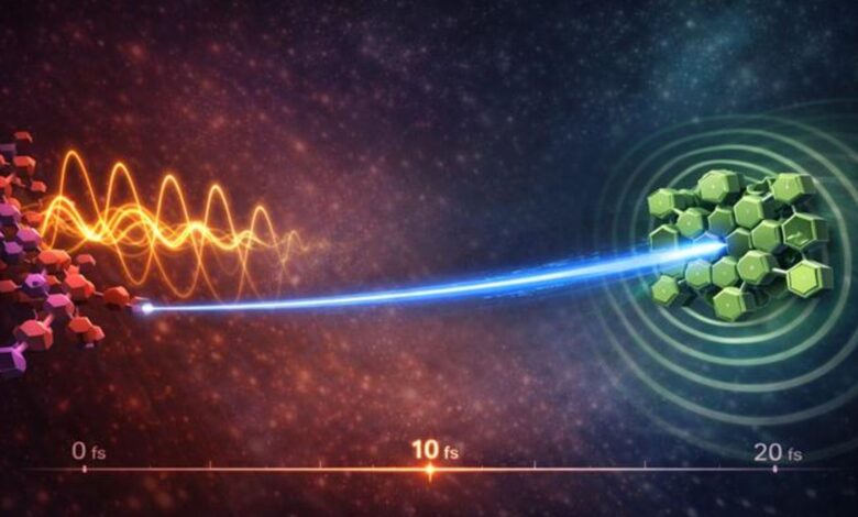 An illustration showing a green hexagonal molecule on the right connects with a series of glowing waves on the left with a bright blue line