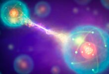 Two red nuclei are surrounded by blue glowing balls and connected together by yellow and purple lines, all against a purple background