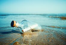 A large glass bottle with a cork holds a white rolled up piece of paper and sits on the beach.