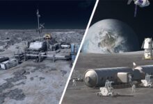 A split image showing a moon base in the game Starfield on the left, and a NASA concept for the Artemis Base Camp on the right.