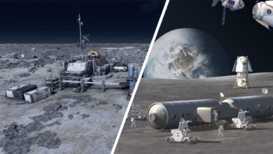 A split image showing a moon base in the game Starfield on the left, and a NASA concept for the Artemis Base Camp on the right.