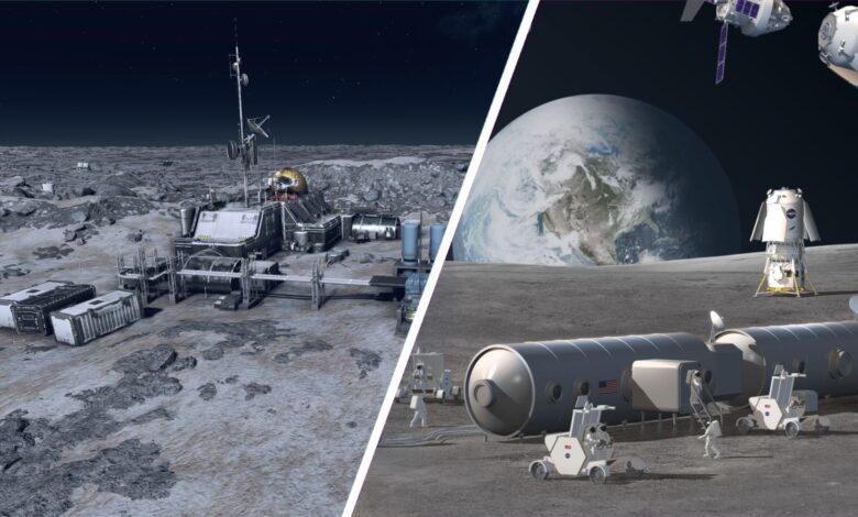 A split image showing a moon base in the game Starfield on the left, and a NASA concept for the Artemis Base Camp on the right.