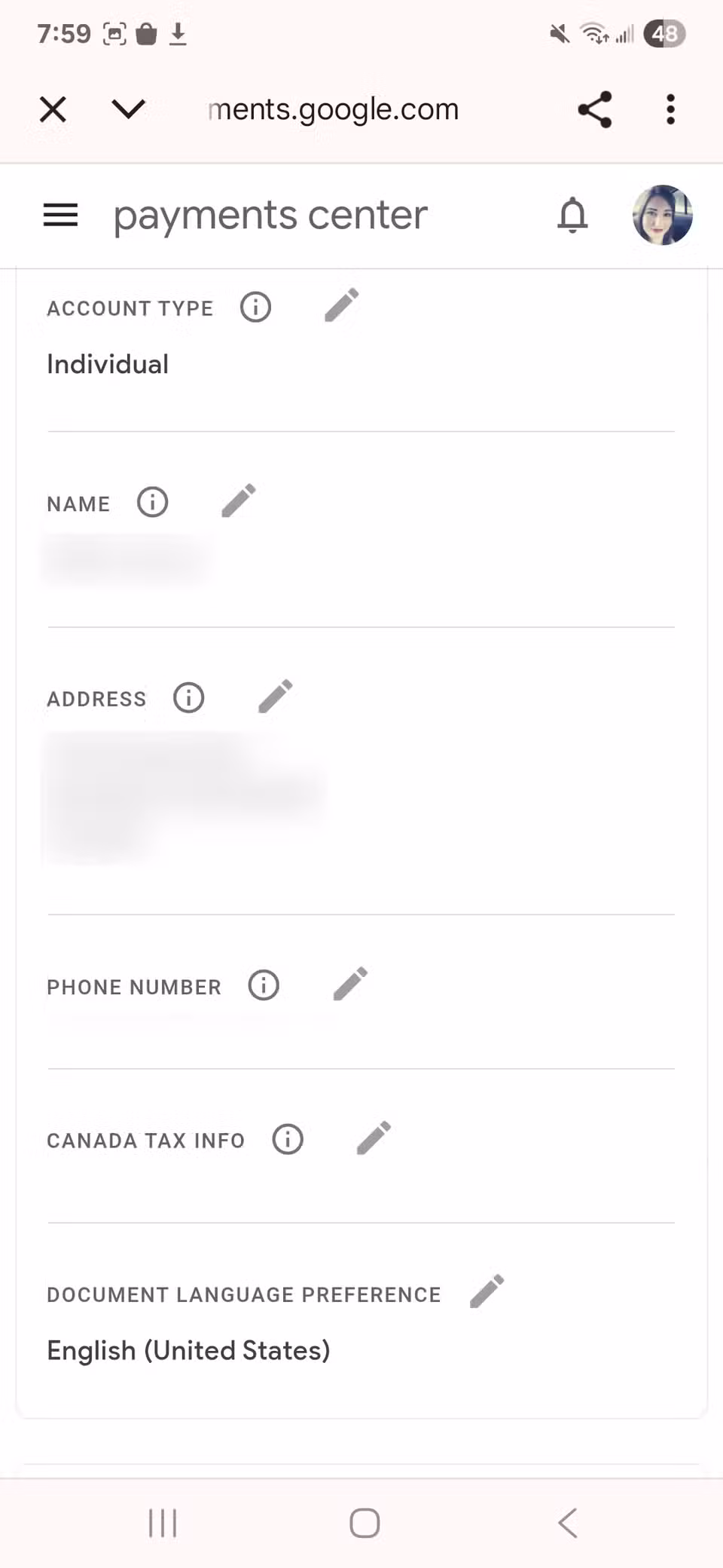 قم بتحرير تفاصيل حساب محفظة Google من خلال قائمة الخيارات وتحرير الرموز الموجودة بجانبها