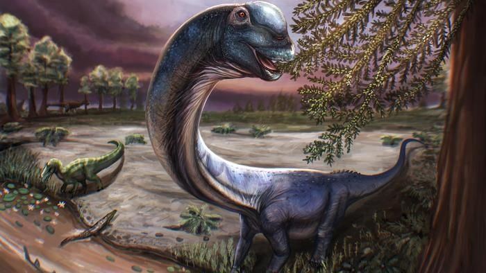 An illustration of a blue long-necked dinosaur by a trees and river.