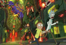 two sci-fi cartoon characters running from an alien bug