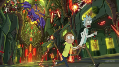 two sci-fi cartoon characters running from an alien bug