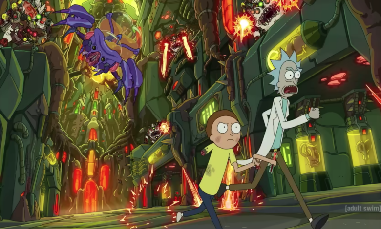 two sci-fi cartoon characters running from an alien bug
