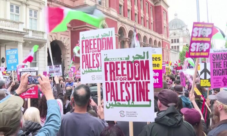 تظاهرات مؤيدة لفلسطين ومسيرة لليمين المتطرف في لندن وسط انتشار أمني واسع وتوقيفات
