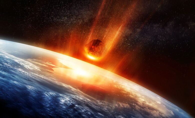 An illustration of an asteroid burning into the atmosphere as it is about to hit Earth.