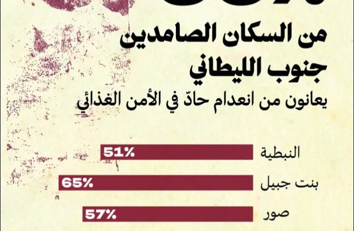 عاجل | 56% من السكان الصامدين جنوب الليطاني يعانون من انعدام حاد في الامن الغذائي