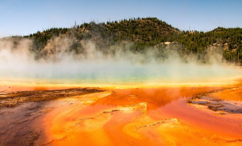 A glowing lake of lava emits steam which partially obscures a forest behind the steam.