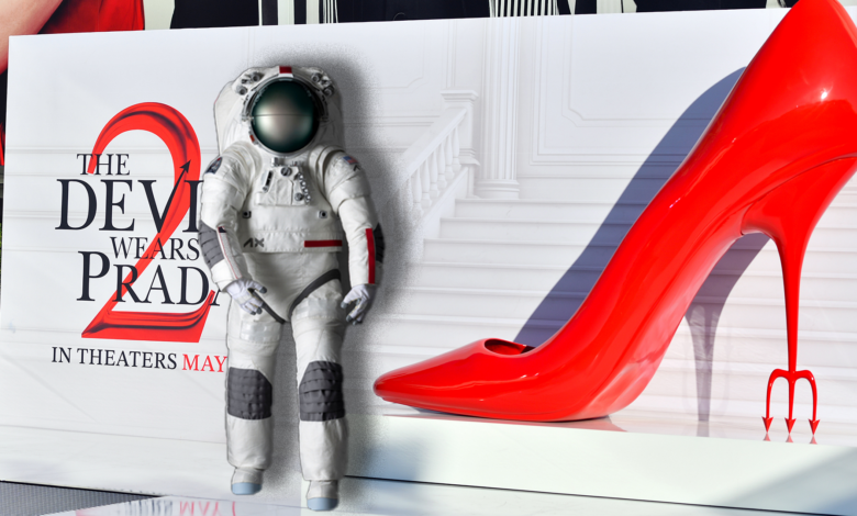 A larger poster for "The Devil Wears Prada 2" on a red carpet is in the background with an oversized red heel, in the foreground is a spacesuit.