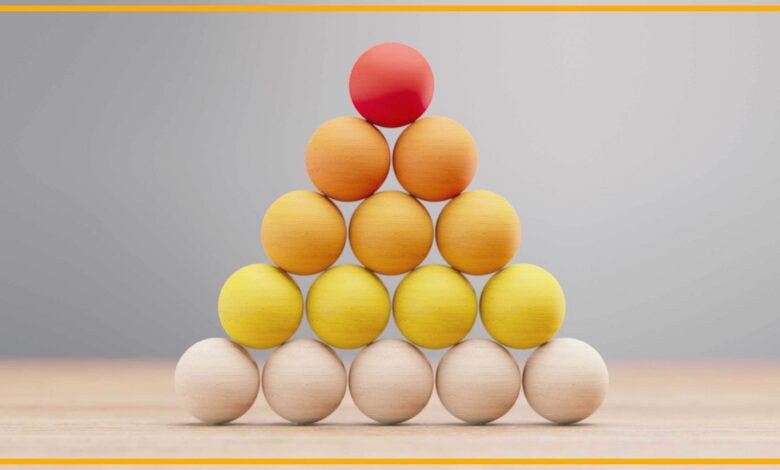 A pyramid of tan, yellow, orange and red wooden balls are stacked on a wooden surface with a blurry gray background and yellow border around the image