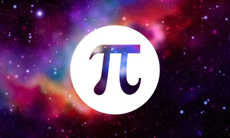 A drawing of the symbol pi in a white circle in front of a colorful space background