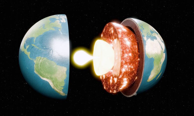 An illustration of Earth splitting apart, showing its inner layers as they glow orange and white, getting hotter and smaller.