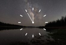 A stylized white clock face is superimposed over a night-time scene, in which meteors race through a starry sky over a lake bordered by the silhouettes of trees.