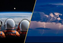 Artemis astronauts look to the moon on the left, storm clouds discharge lighting over the ocean on the right.