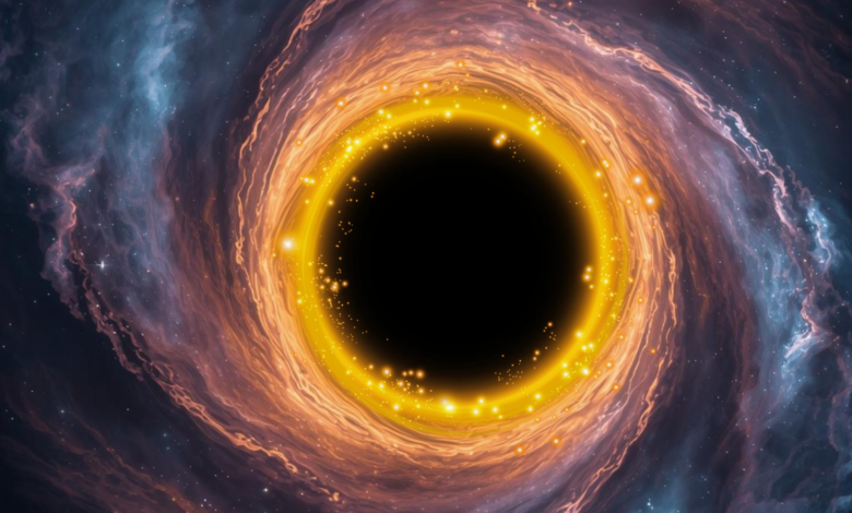 A dark circle surrounded by swirls of light, most notably a golden ring.