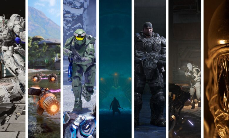 Split image showing screenshots from seven sci-fi games shown at SGF 2026.