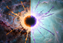 The left half of the illustration shows a dark background with a splotch of orange toward the center. That splotch is blue on the right side, and the rest of the right side is blueish gray in the background.