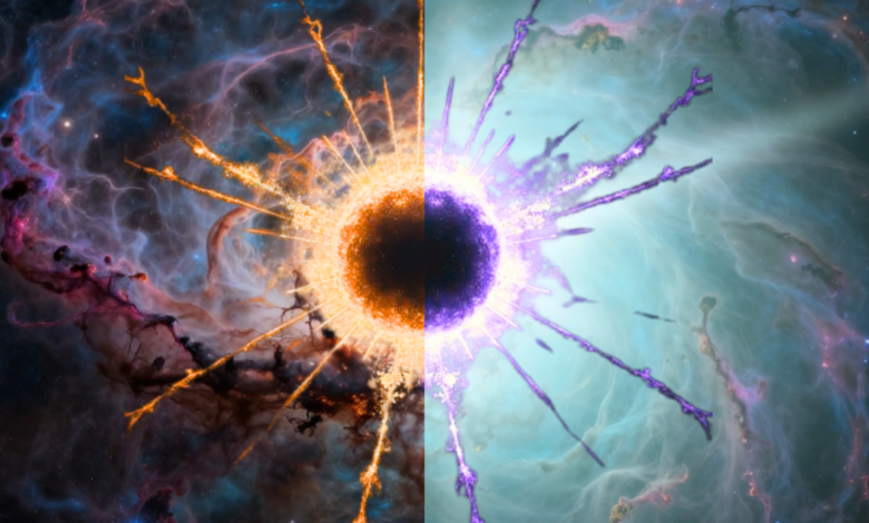 The left half of the illustration shows a dark background with a splotch of orange toward the center. That splotch is blue on the right side, and the rest of the right side is blueish gray in the background.