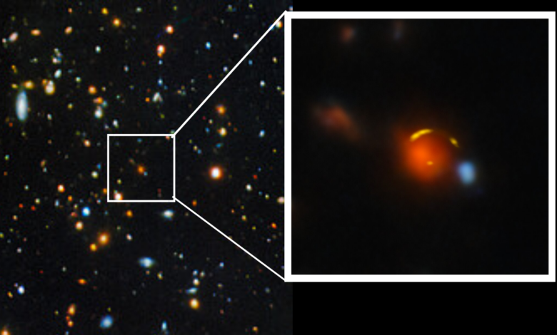 Lots of stars and galaxies speckled across a dark background. One of the galaxies is enlarged in a boxout.