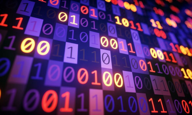 A close up of a screen showing a series of zeros and ones in purple boxes, some numbers lit up and others not
