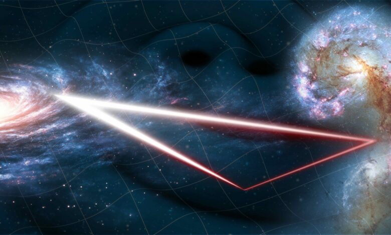An illustration showing a spiral galaxy on the left of the image and a swirl of gas and stars on the right connected by a triangle of red laser light