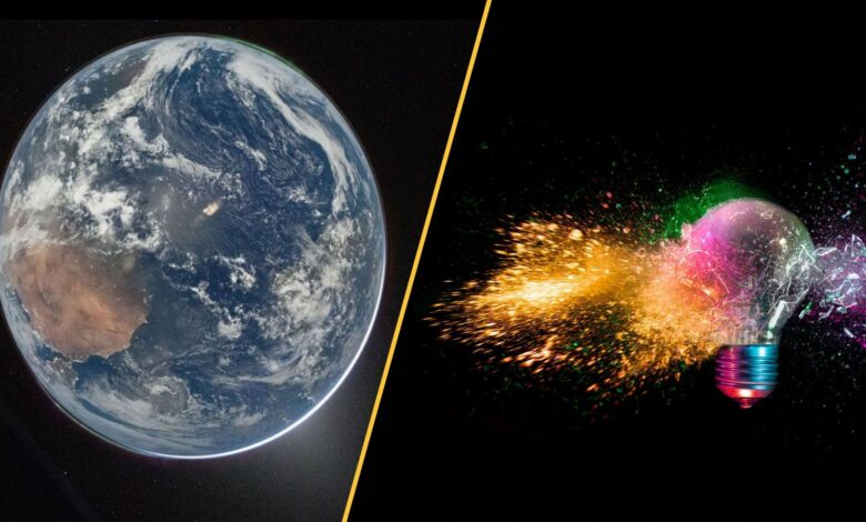 The "Blue Marble" photo of the Earth against a black background, and a light bulb exploding.