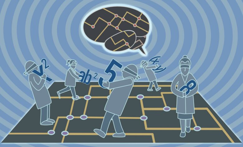 A cartoon showing a series of figures carrying different dark blue numbers walking across a green and yellow circuit board. In the background, a human brain floats in the center of blue concentric circles with a circuit board pattern in the shape of the brain