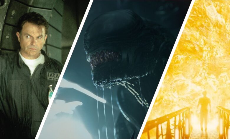 Split image showing three space horror movies: Event Horizon, Alien: Romulus, and Sunshine