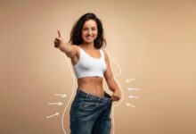 Happy Attractive Slender Woman Weight Loss Success Thumbs Up