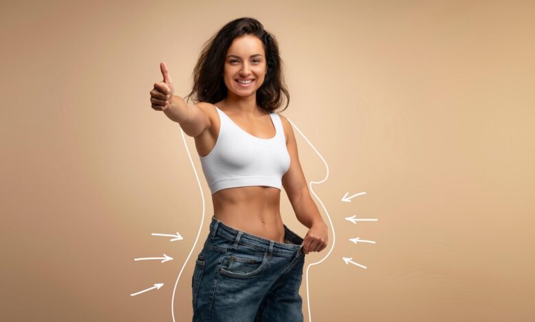 Happy Attractive Slender Woman Weight Loss Success Thumbs Up