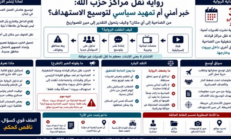 عاجل | ** رواية نقل مراكز حزب الله: خبر أمني أم تمهيد سياسي لتوسيع الاستهداف؟**