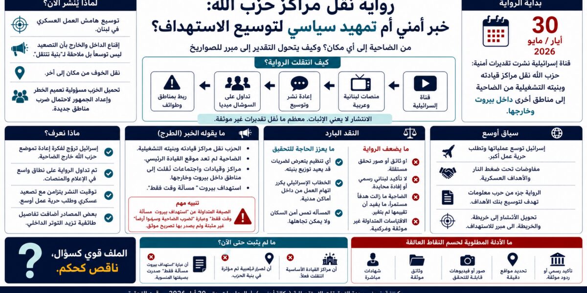 عاجل | ** رواية نقل مراكز حزب الله: خبر أمني أم تمهيد سياسي لتوسيع الاستهداف؟** - صورة مميزة عاجل | ** رواية نقل مراكز حزب الله: خبر أمني أم تمهيد سياسي لتوسيع الاستهداف؟**